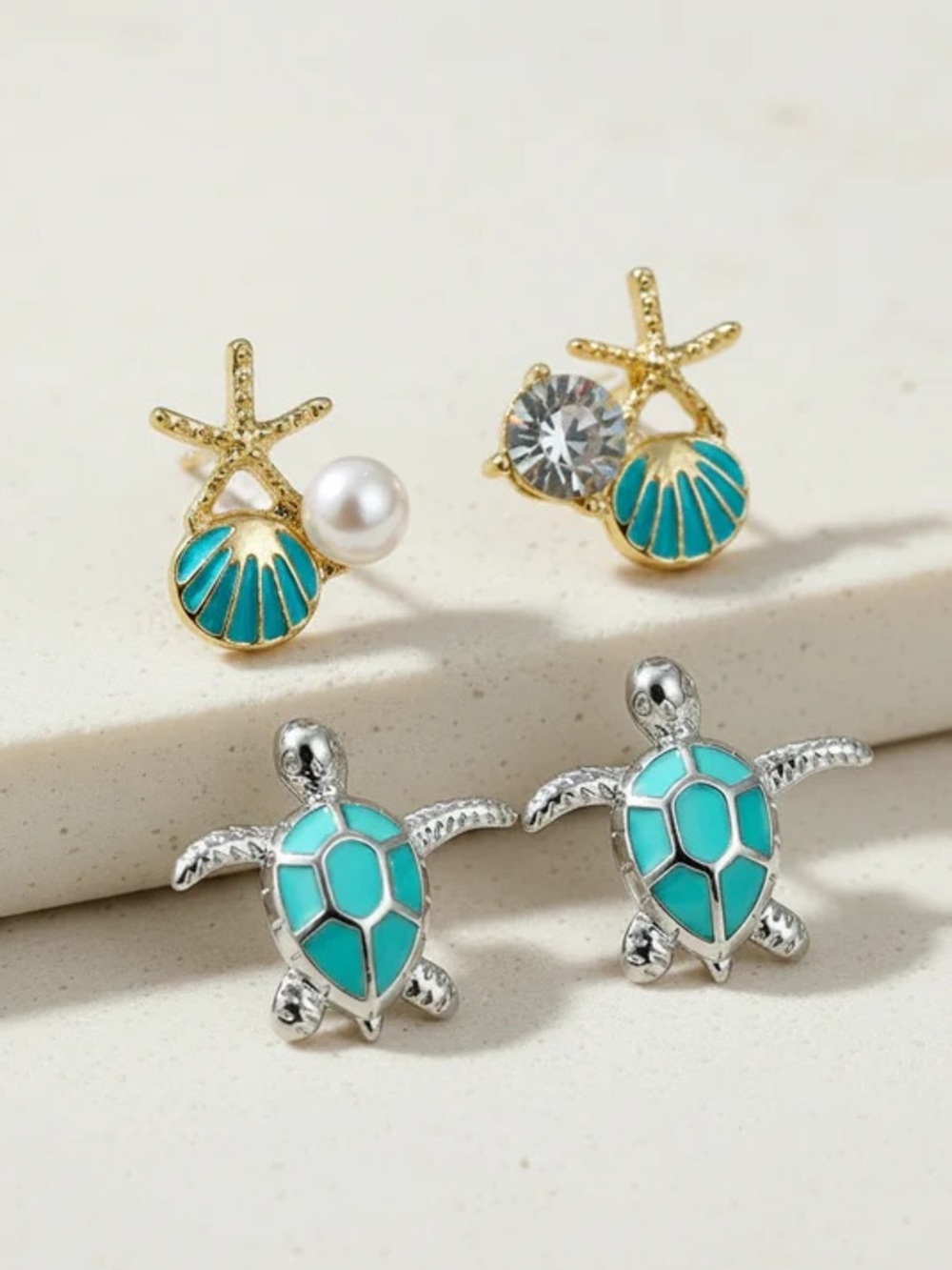 Turquoise Sea Shell & Turtle Mixed Stud Earring Set - Gold and Silver - Picture 3 of 10